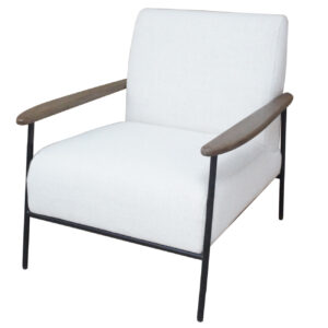 Pale Grey Upholstered Armchair With Wooden Arm And Steel Frame