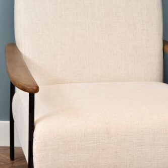 Pale Grey Upholstered Armchair With Wooden Arm And Steel Frame