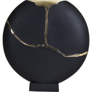 Black Aluminium Moon Vase on Base with Gold Lava Detail