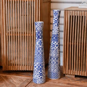 Tall Blue Tile Patterned Fine Earthenware Vase