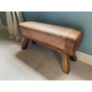 Brown Leather & Rattan Bench