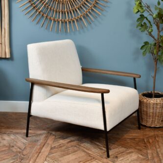 Pale Grey Upholstered Armchair With Wooden Arm And Steel Frame