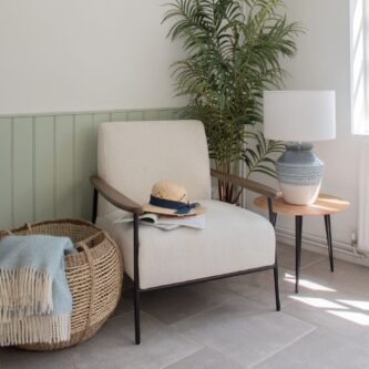 Pale Grey Upholstered Armchair With Wooden Arm And Steel Frame