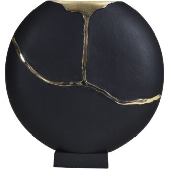 Black Aluminium Moon Vase on Base with Gold Lava Detail